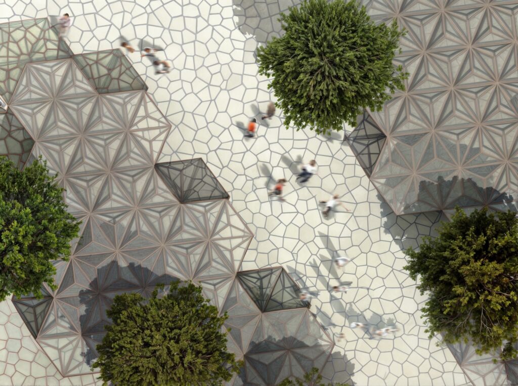 Modular shading structures installed over a public square in Arta