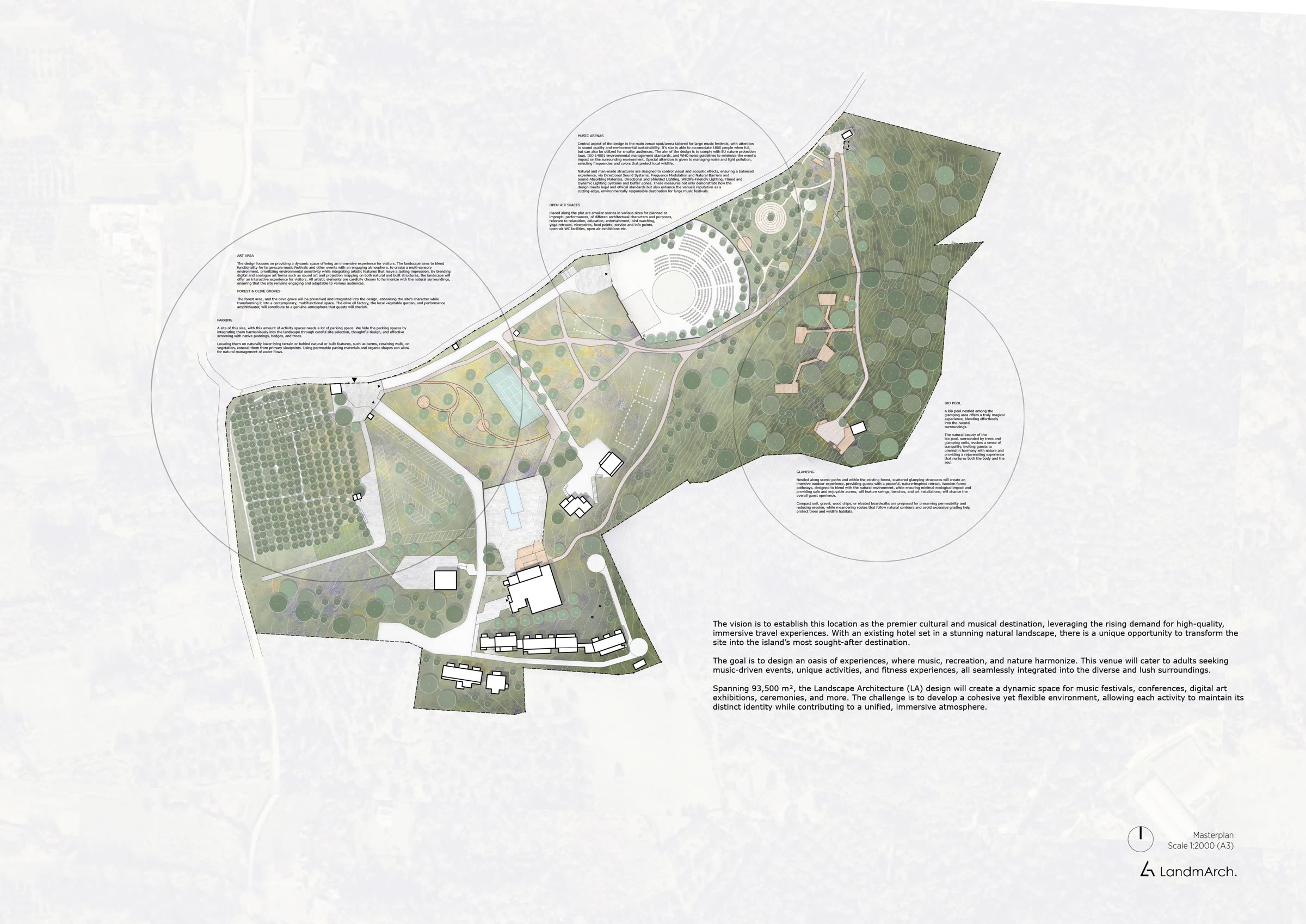 Colour masterplan drawing of a 93,500 m² retreat and music festival destination on Corfu