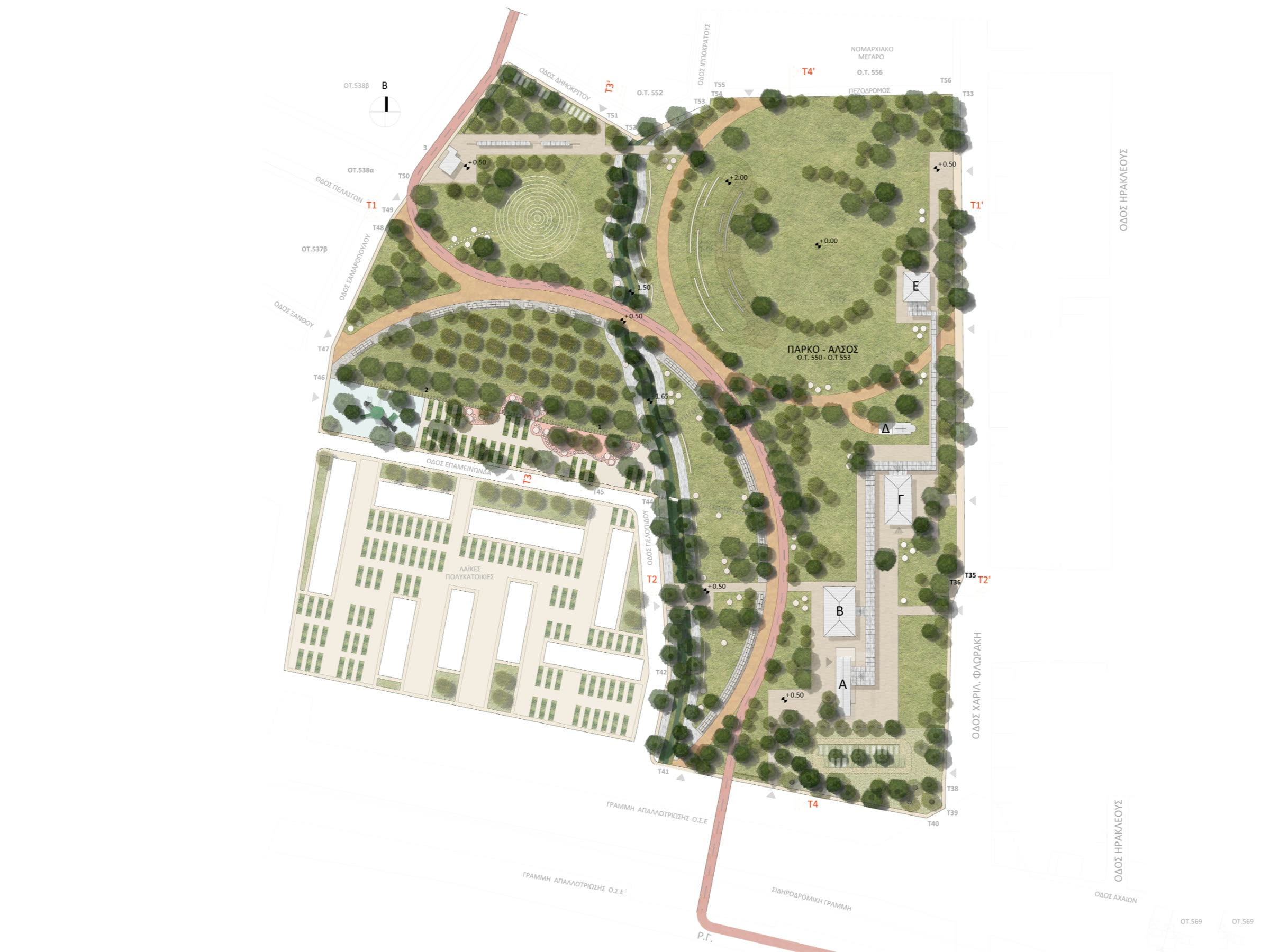 Colour masterplan drawing of a public park with tree planting and circulation routes
