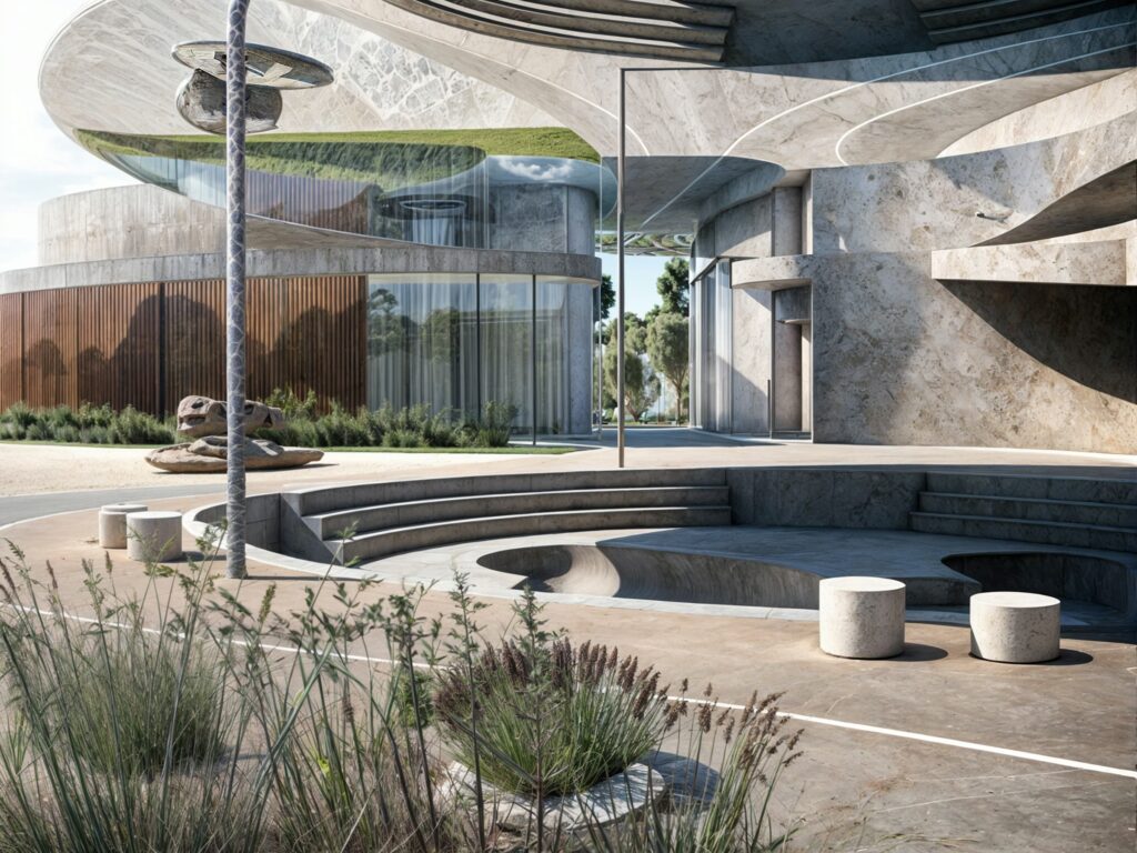 Visualisation of a bioclimatic public building with planted surroundings