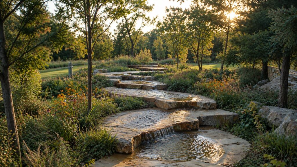 Stone water channel running through woodland planting at low sun