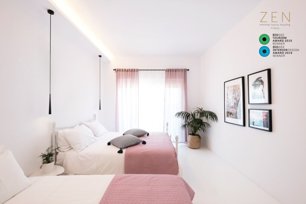 Minimal white bedroom interior at ZEN Minimal Luxury Housing, Tyros